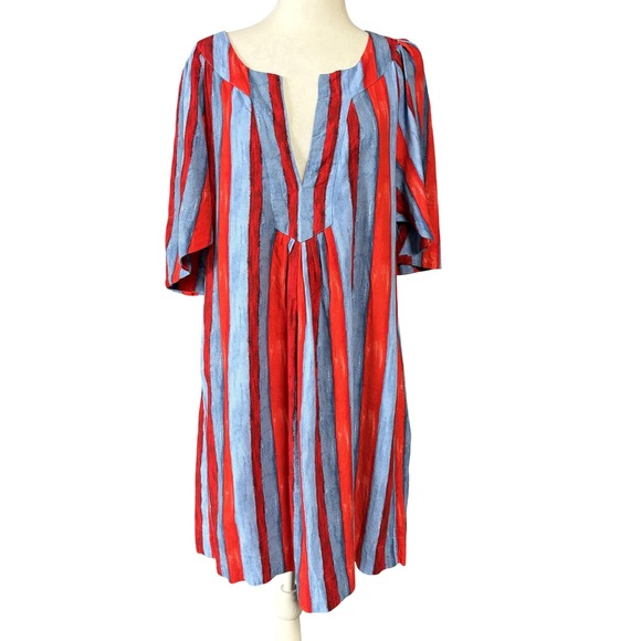 Pomander Place Dress Womens Medium Red Blue Striped Linen Split Neck Shift Boho - Picture 1 of 15